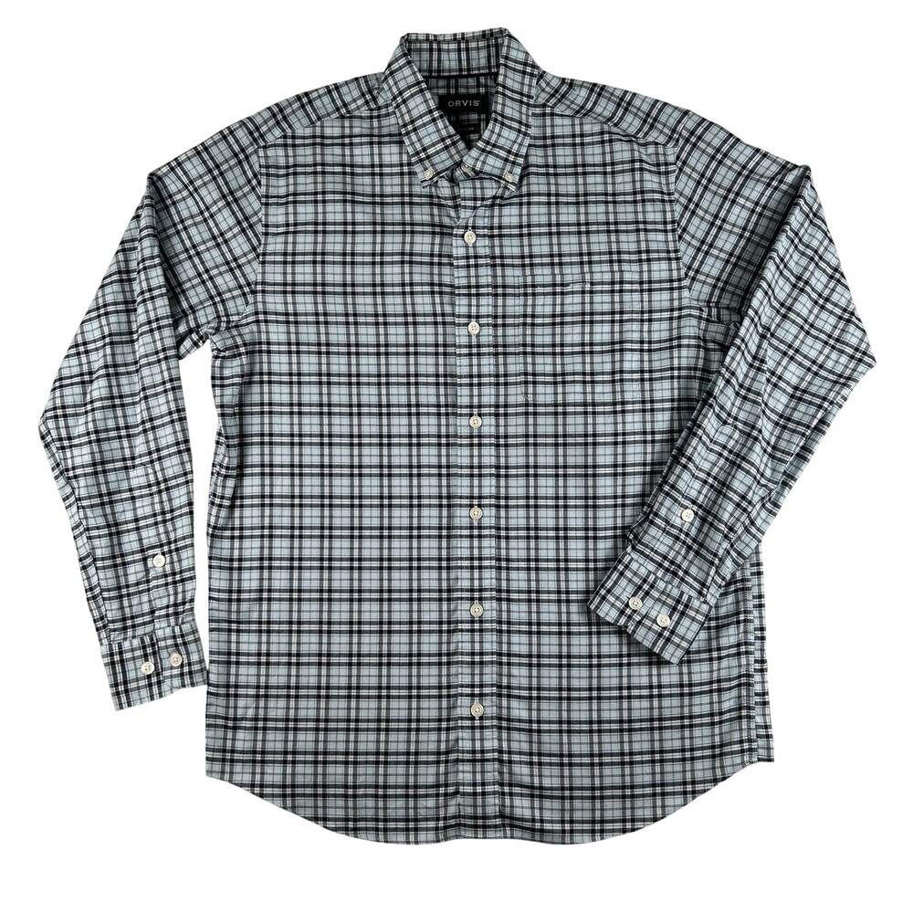 Orvis Shirt Mens Medium Blue Plaid Long Sleeve Button Front Wrinkle Free Stretch